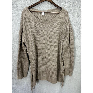 Venus Sweater Womens 1X Beige‎ Crochet Knit Lace Up Accent Boho Chic Costal Cozy